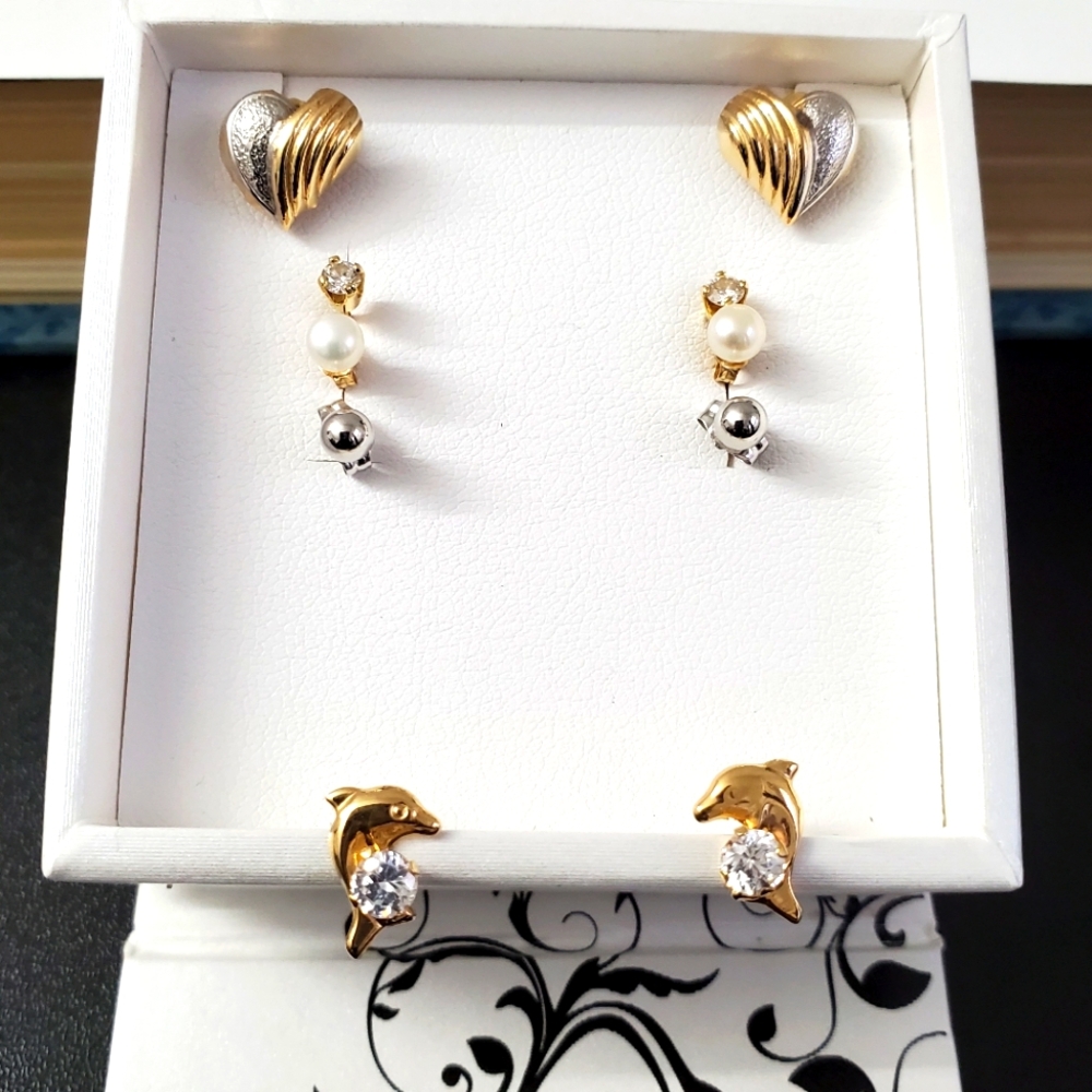 14K Gold Earrings Dolphin, White, Yellow, Pearl, Gold, and Diamond Lot